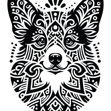 Corgi dog in zentangle art, stencil logo, black and white animal illustration