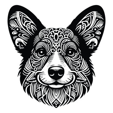 Corgi dog in zentangle art, stencil logo, black and white animal illustration