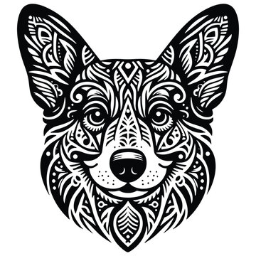 Corgi dog in zentangle art, stencil logo, black and white animal illustration