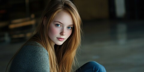 Naklejka premium Young woman with long red hair seated indoors in soft natural light