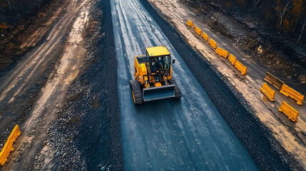 Aerial view of a new road under construction, with layers of gravel and asphalt being spread by machinery, vibrant yellow and orange safety barriers