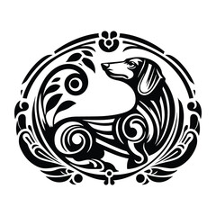 Obraz premium Dachshund dog with art nouveau decoration, stencil logo, black and white animal illustration