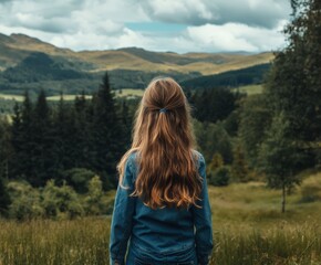 Young girl enjoying nature view in a serene forest landscape