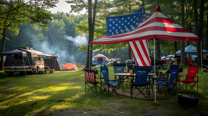 A family of four gathers around a campfire in a patriotic-themed camping site at night.