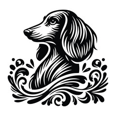 Dachshund dog with victorian flourish decoration, stencil logo, black and white animal illustration