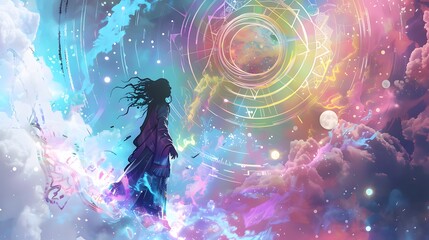 Woman Silhouette in a Dreamlike Celestial Landscape