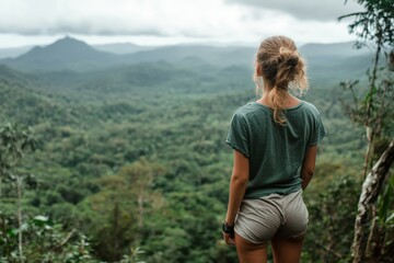 Naklejka premium Woman enjoys a breathtaking forest view from a mountaintop on a cloudy day