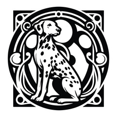 dalmatian dog with art nouveau decoration, stencil logo, black and white animal illustration