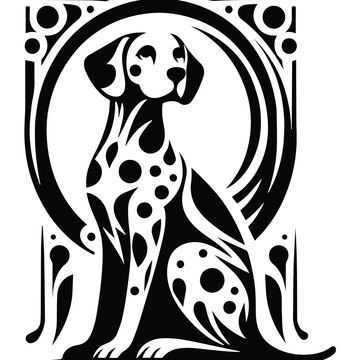 recommend clip art: dalmatian dog with art nouveau decoration, stencil logo, black and white animal illustration