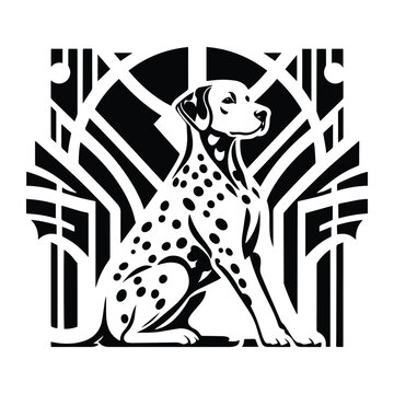 recommend clip art: dalmatian dog with art deco decoration, stencil logo, black and white animal illustration