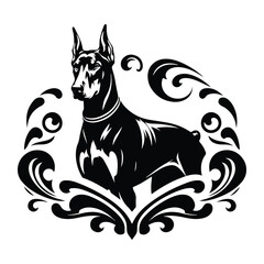 Fototapeta premium Doberman dog with victorian flourish decoration, stencil logo, black and white animal illustration
