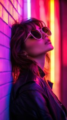 A woman in sunglasses poses against a colorful neon backdrop