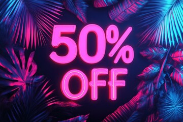 Minimalistic Black Friday poster with large 50% off text, black background, and neon accents