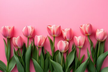 Fototapeta premium Tulip flowers on a pastel pink background