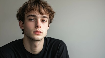 Young male model posing in casual wear against a neutral background