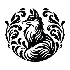 Obraz premium Fox with victorian flourish decoration, stencil logo, black and white animal illustration