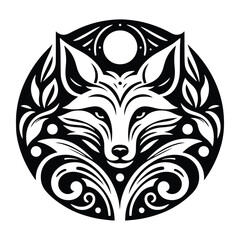 Obraz premium Fox with art nouveau decoration, stencil logo, black and white animal illustration