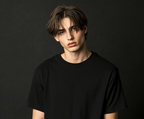 Naklejka premium Male model showcasing casual fashion trends against a dark backdrop