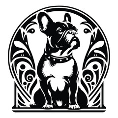 Fototapeta premium French Bulldog with art nouveau decoration, stencil logo, black and white animal illustration