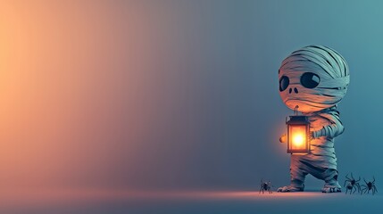 A cute cartoon mummy is holding a lantern in one hand and standing in front of two spiders on a blue and orange background.