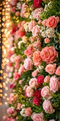 Obraz premium Colorful flower wall display with warm lights at a festive event