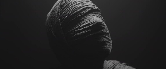 A mummy of a woman against the dark background raises her head and looks around 