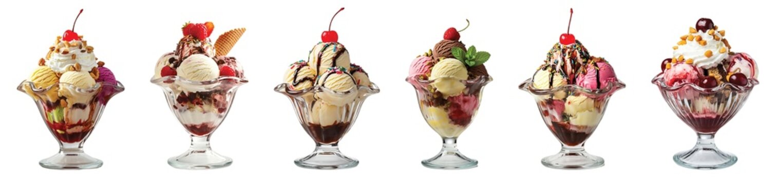 Six different ice cream sundaes in glass dishes, each topped with whipped cream, cherries, and wafers, isolated on transparent background, PNG file, perfect for graphic design.