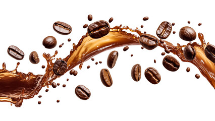 Coffee beans and coffee splash on white background
