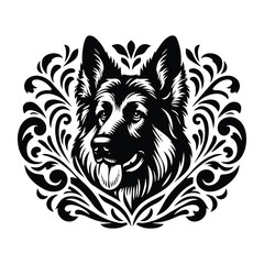 Fototapeta premium German Shepherd dog with victorian flourish decoration, stencil logo, black and white animal illustration