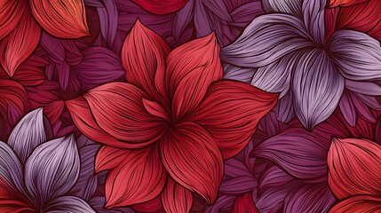 Flowers, Florals, Shapes, Waves, Leaves, Red and Purple, Texture, Pattern Background, Wallpaper, Cover and Screen for Smartphone, PC, Laptop, 9:16 and 16:9 Format