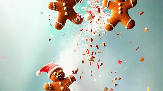 Joyful Jumps of Gingerbread cookies wearing Santa hats floating amidst a sprinkle of sugar