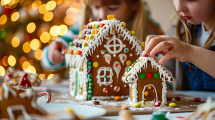 A family gathers around table, decorating gingerbread houses with white icing. Laughter fills the room.