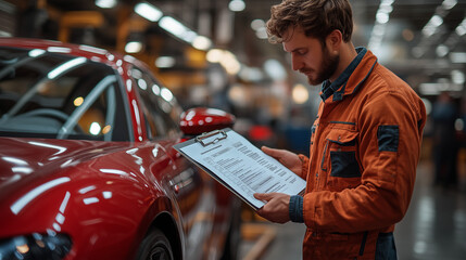 Naklejka premium Car repairman job list on clipboard, slightly blurred fancy car background