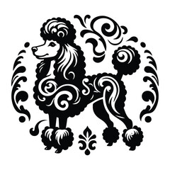 Obraz premium Poodle dog with victorian flourish decoration, stencil logo, black and white animal illustration