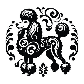recommend clip art: Poodle dog with victorian flourish decoration, stencil logo, black and white animal illustration