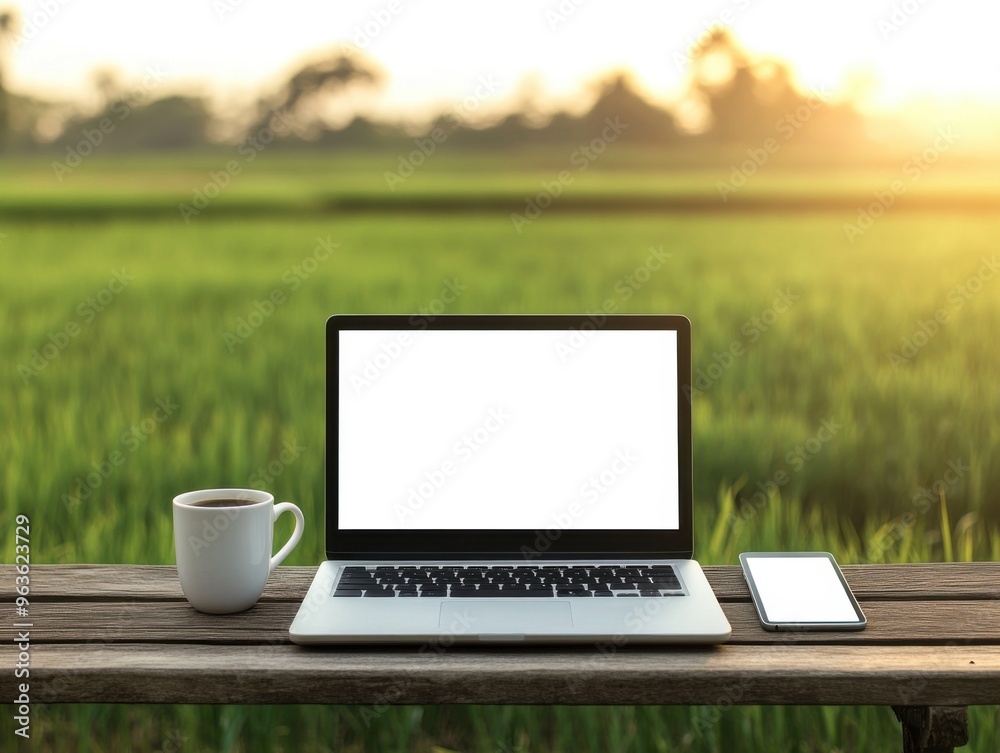 Poster a laptop with a blank screen mockup on a wooden table in a rice field, a coffee cup and a smartphone