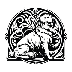 Retriever dog with art nouveau decoration, stencil logo, black and white animal illustration