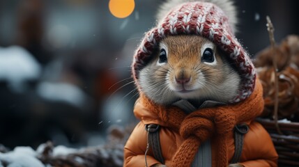 Chipmunk in snow with winter clothes like Santa Claus.. Christmas style hat and sweater. Funny animals in winter.