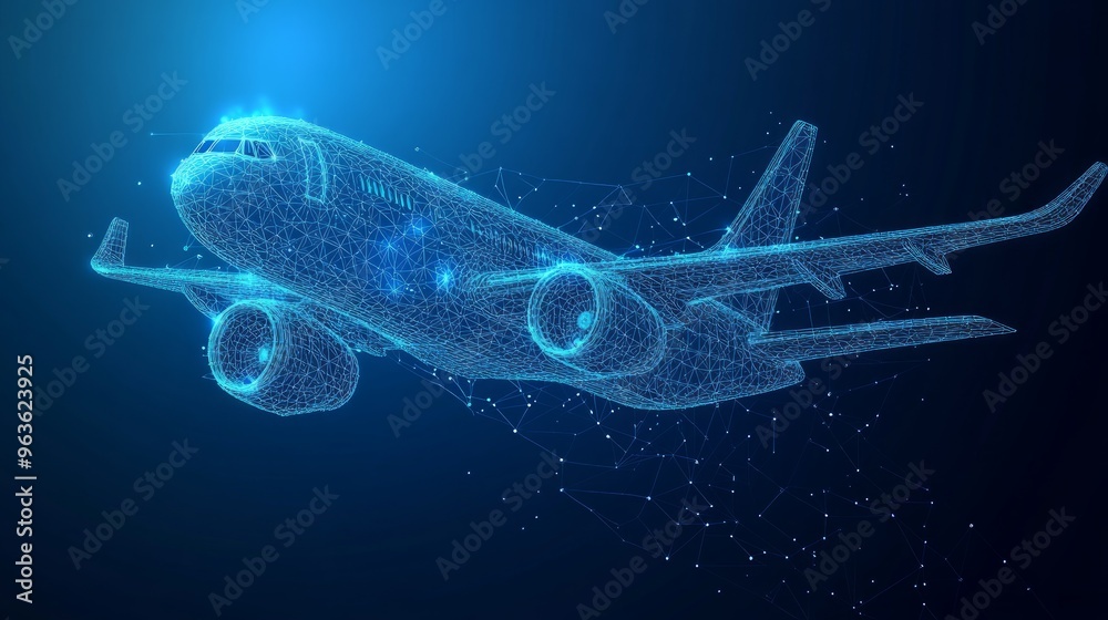 Poster polygonal airliner low poly. vector mesh spheres from flying debris. thin line concept. blue structu