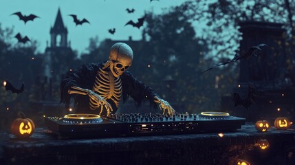 skeleton djing with turntables and bats flying around in a cemetery at night Funny halloween background for parties and events