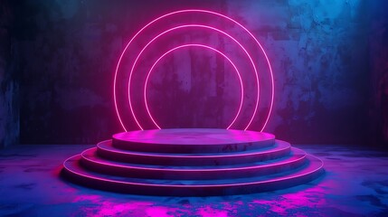 Obraz premium A dark and moody setting with circular steps glowing in bright pink neon lights against a deep blue concrete backdrop. The design is ideal for exploring themes of futuristic design