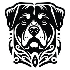 Rottweiler dog with art nouveau decoration, stencil logo, black and white animal illustration