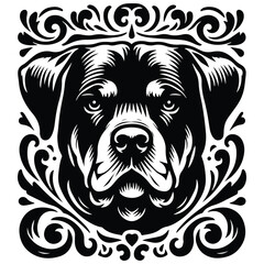 Rottweiler dog with victorian flourish decoration, stencil logo, black and white animal illustration