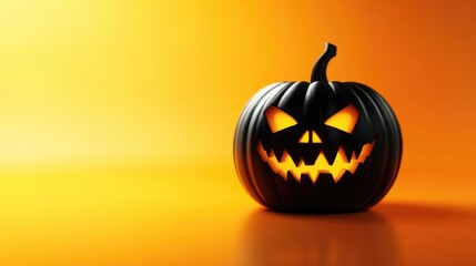 Spooky halloween black pumpkin, Jack O Lantern, with illuminated evil face and eyes on bright orange background with copy space Happy Halloween decor