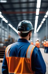 Worker in factory warehouse wearing safety gear and hard hat