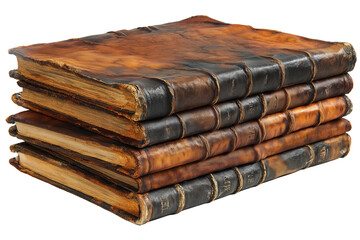 A neatly stacked collection of four antique leather-bound books with aged, worn covers and thick,...