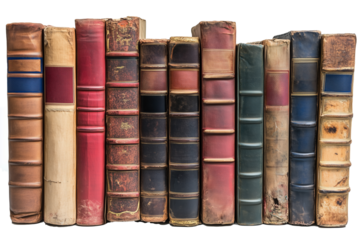 A collection of ten antique leather-bound books lined up side by side, showcasing varying colors and textures isolated on white background.