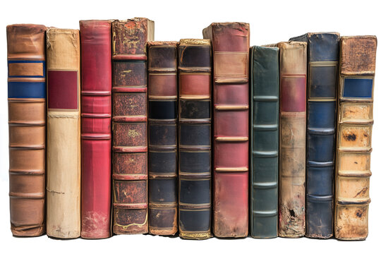 A collection of ten antique leather-bound books lined up side by side, showcasing varying colors and textures isolated on white background.