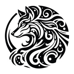 Obraz premium Wolf with art nouveau decoration, stencil logo, black and white animal illustration