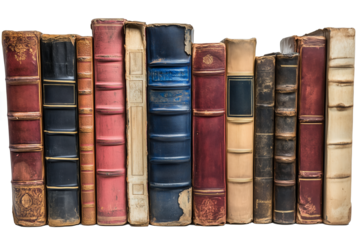 A collection of ten antique leather-bound books lined up side by side, showcasing varying colors and textures isolated on white background.